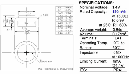 piles appareil auditif specification A312 Zinc-air